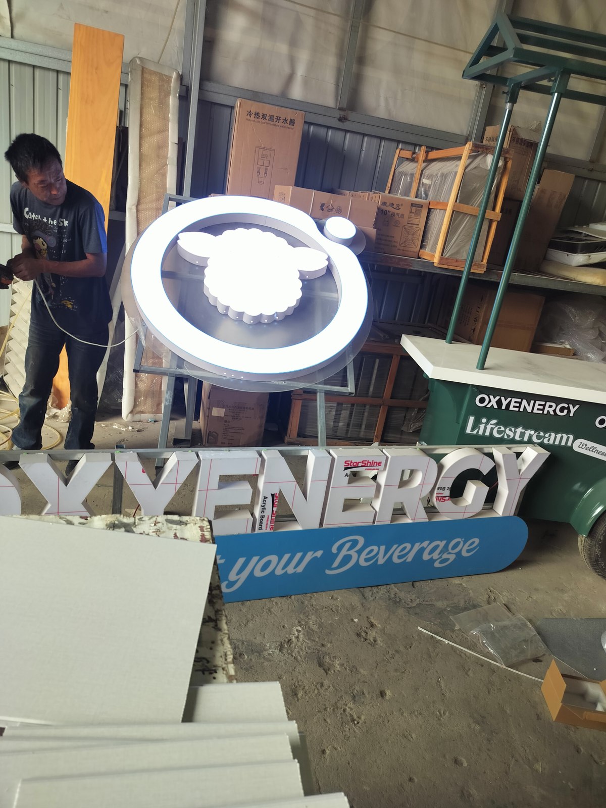 Illuminated rooftop sign during a power-on check