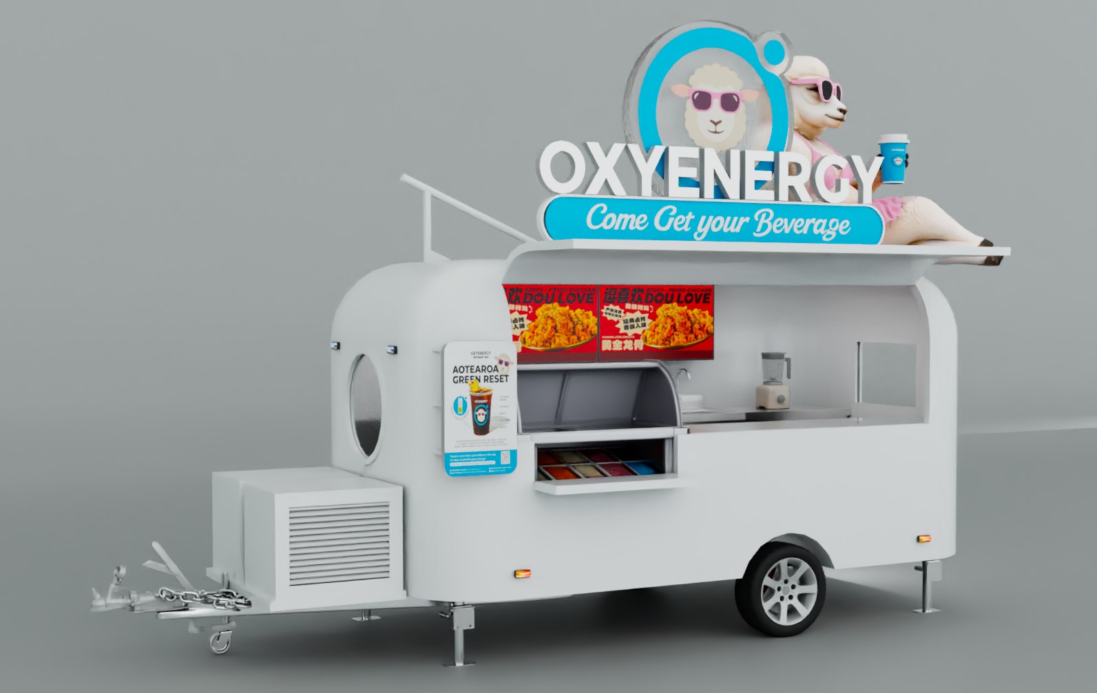 Front design view of the drinks trailer, with branding, screens and serving hatch