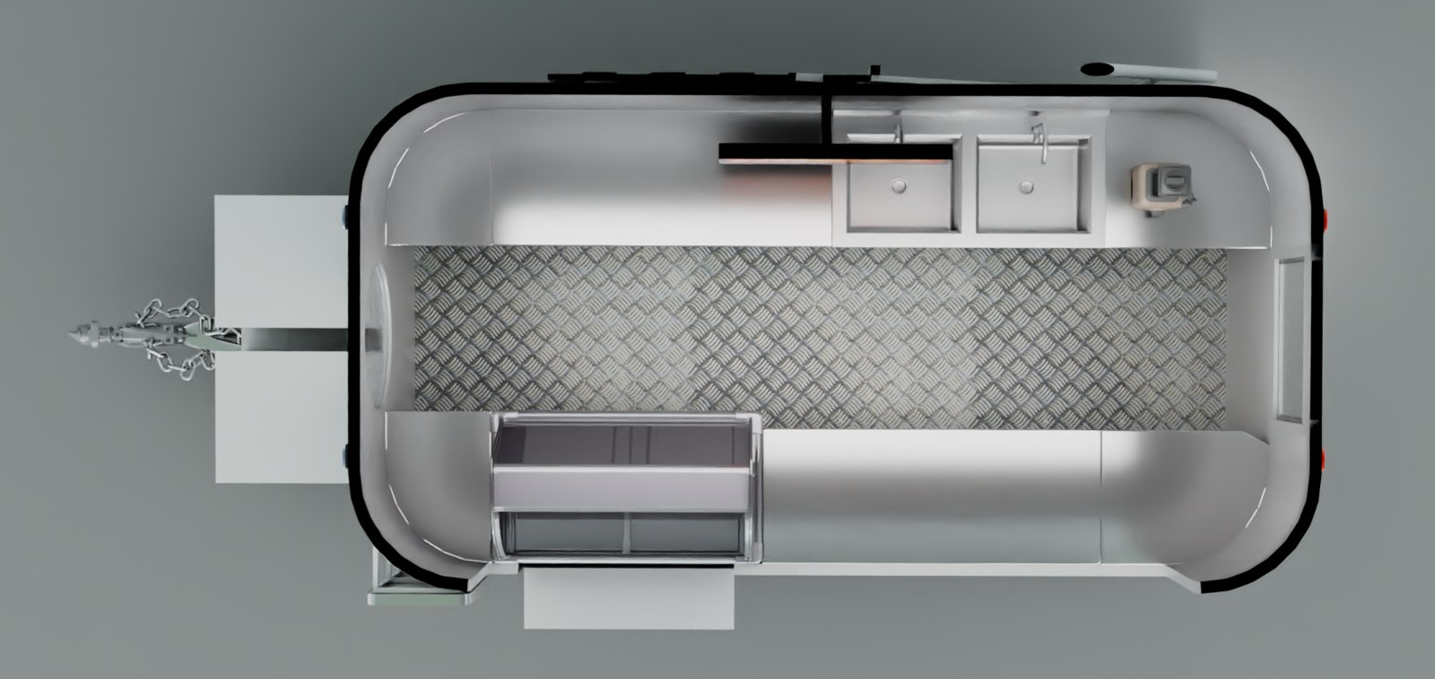 Overhead layout of the second trailer, with the interior divided into working areas