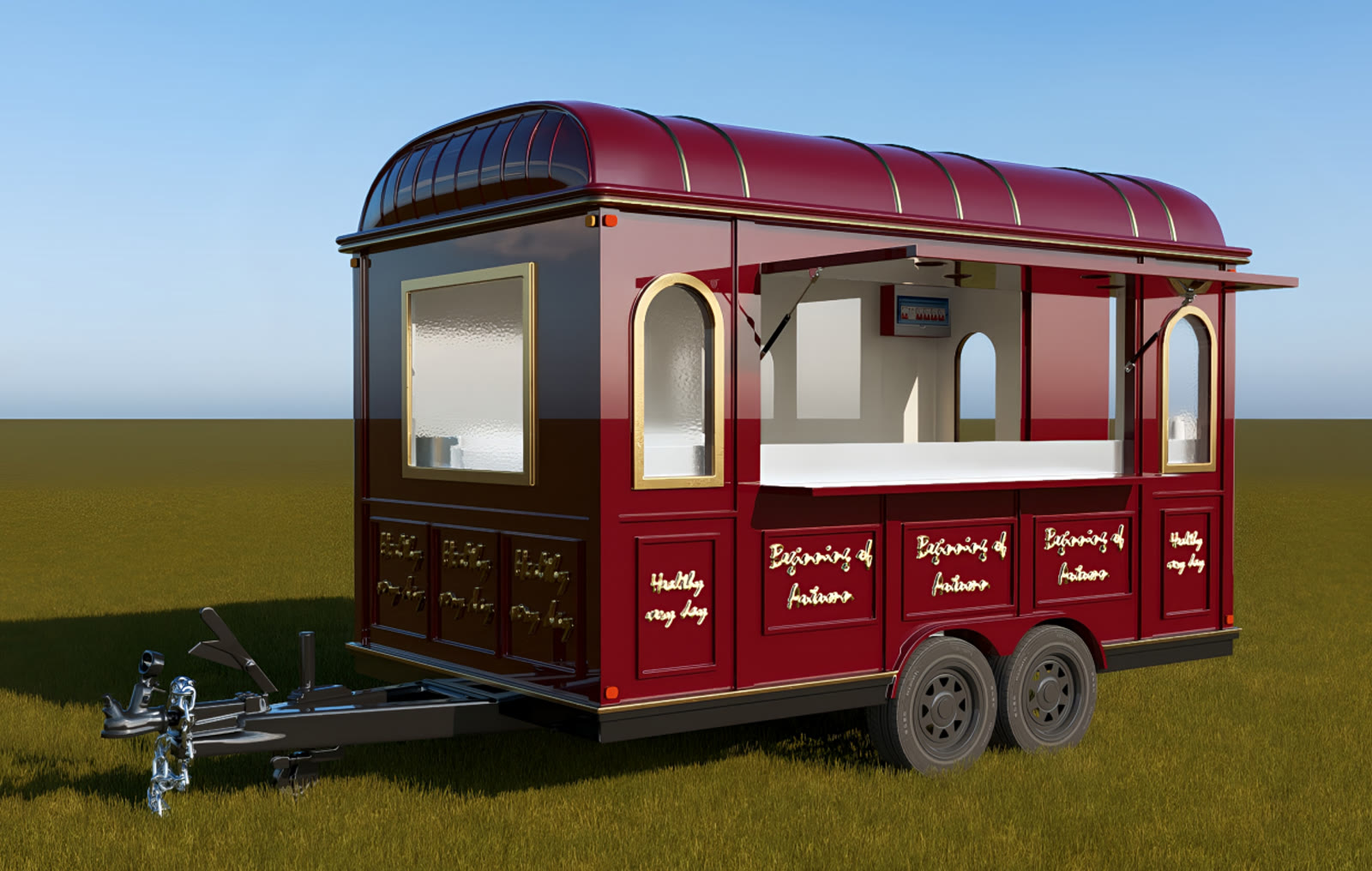 Rendered food trailer in the customer's deep burgundy and gold color scheme