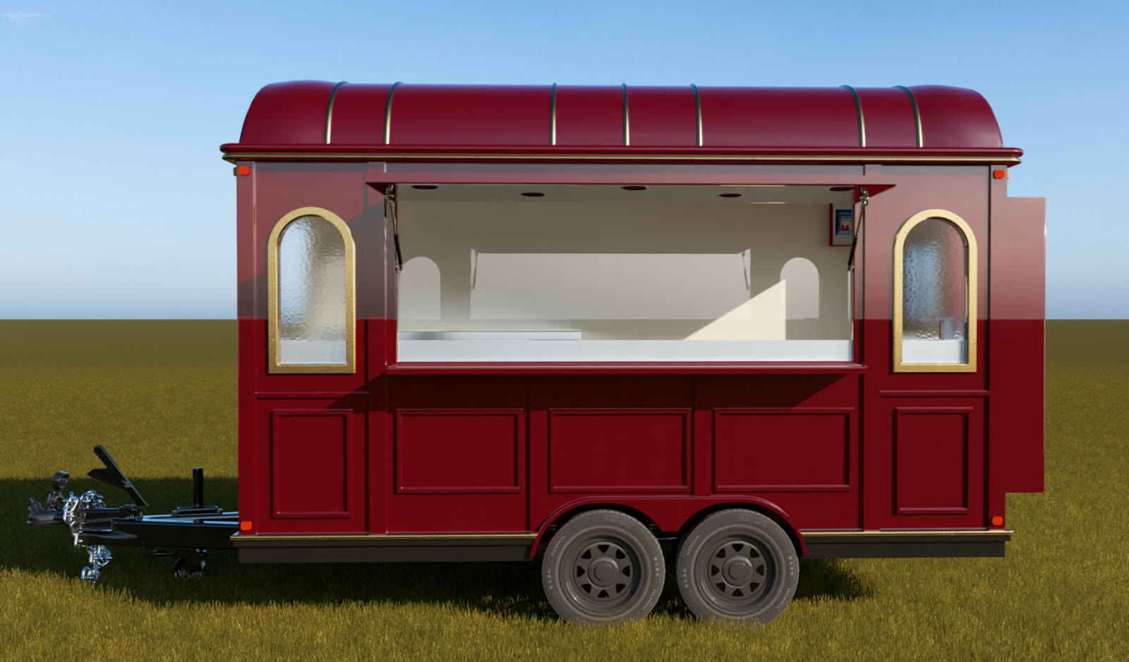 Rendered view of the food trailer with a soft ivory interior